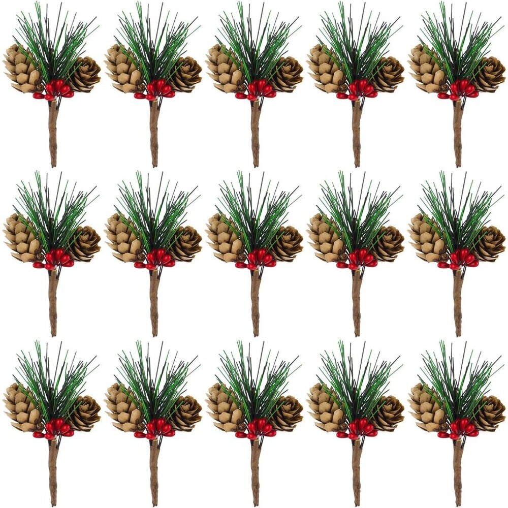 15 Pcs Artificial Pine Cone Picks and Red Berry Mini Artificial Pine Tree for Ch